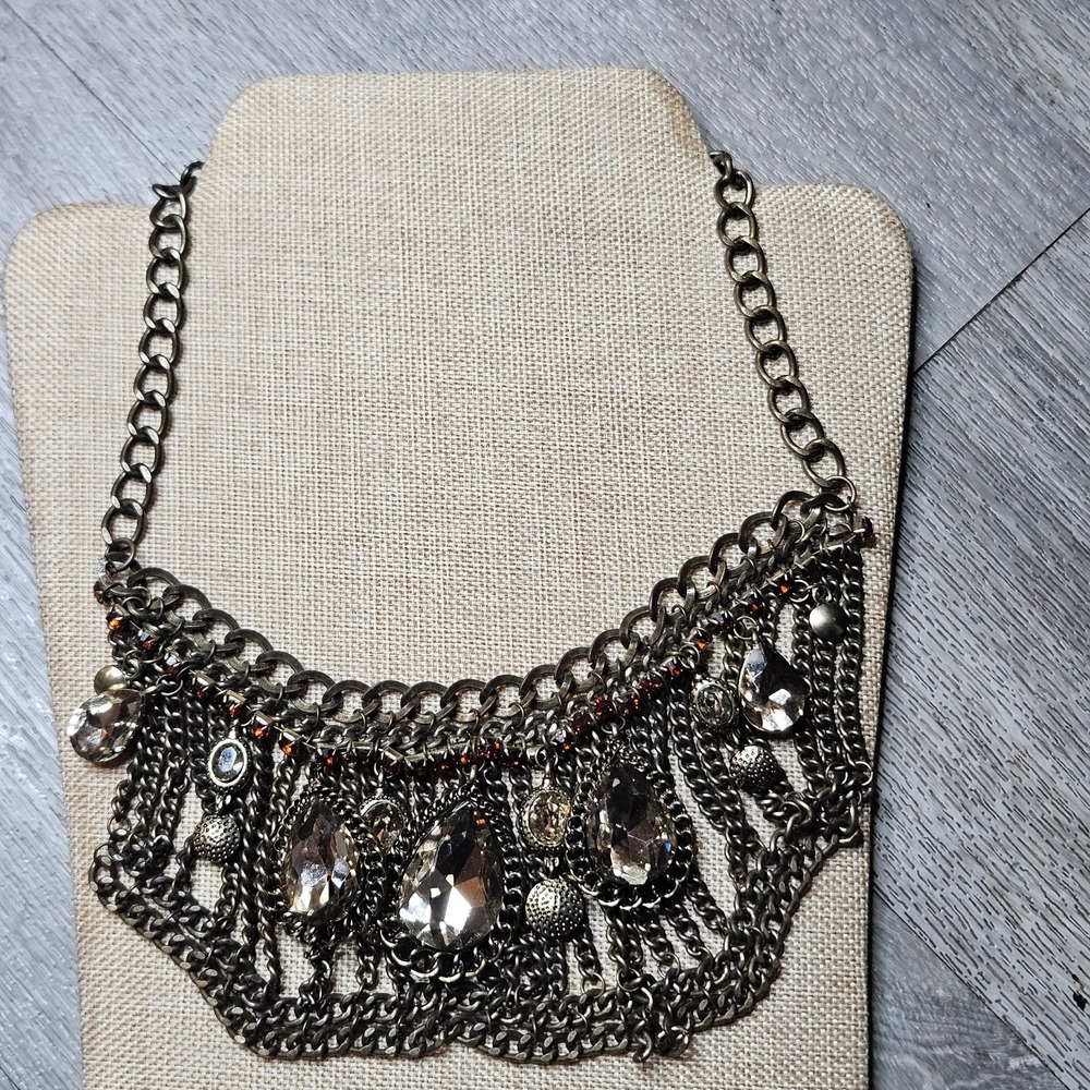 Statement Beaded Bib Necklace Crystal Acrylic Gunmetal Tone Choker chunky layer